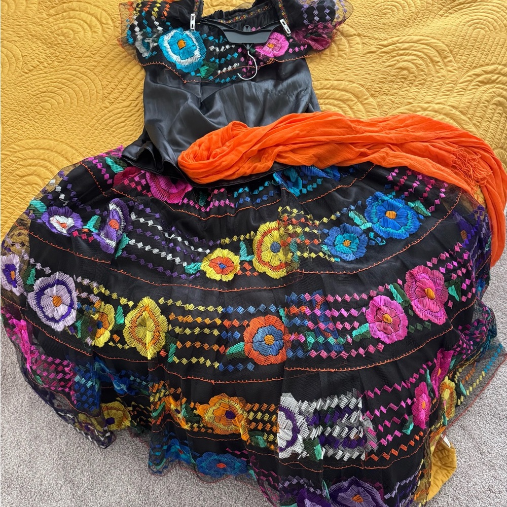 Authentic Chiapaneco: Colorful Floral Embroidered Blouse/Skirt with Orange Scarf